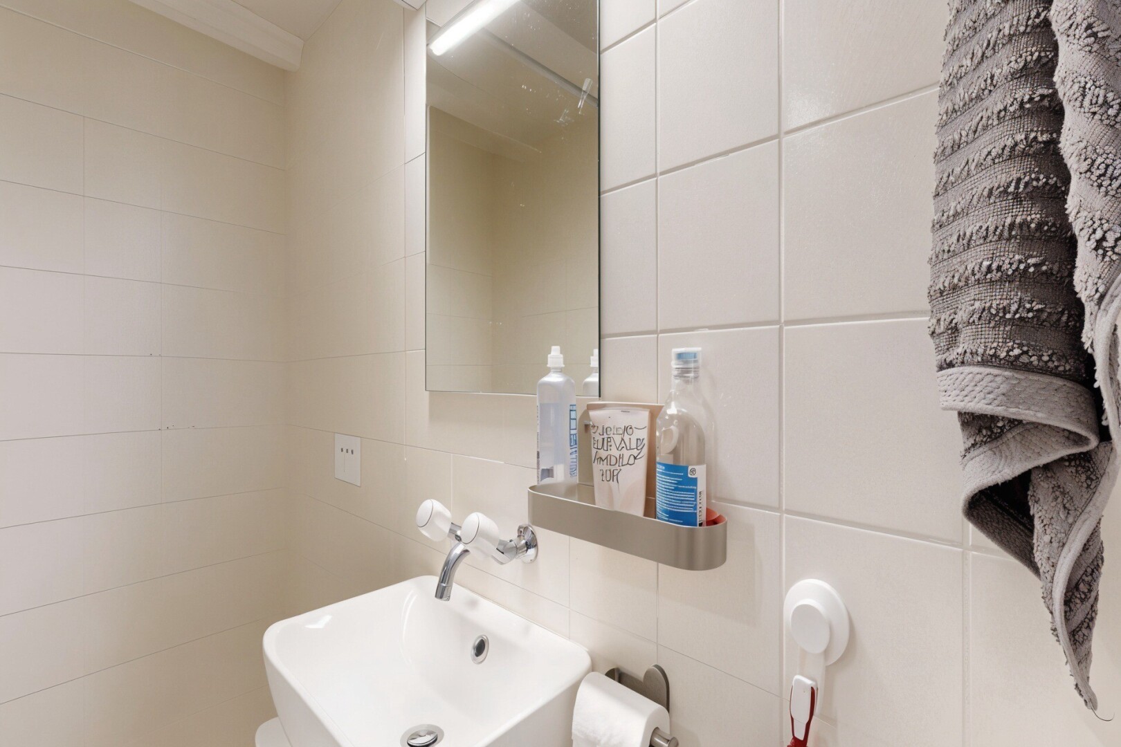 salle de bains avec mur en carrelage, tile wall, miroir, évier, et toilette