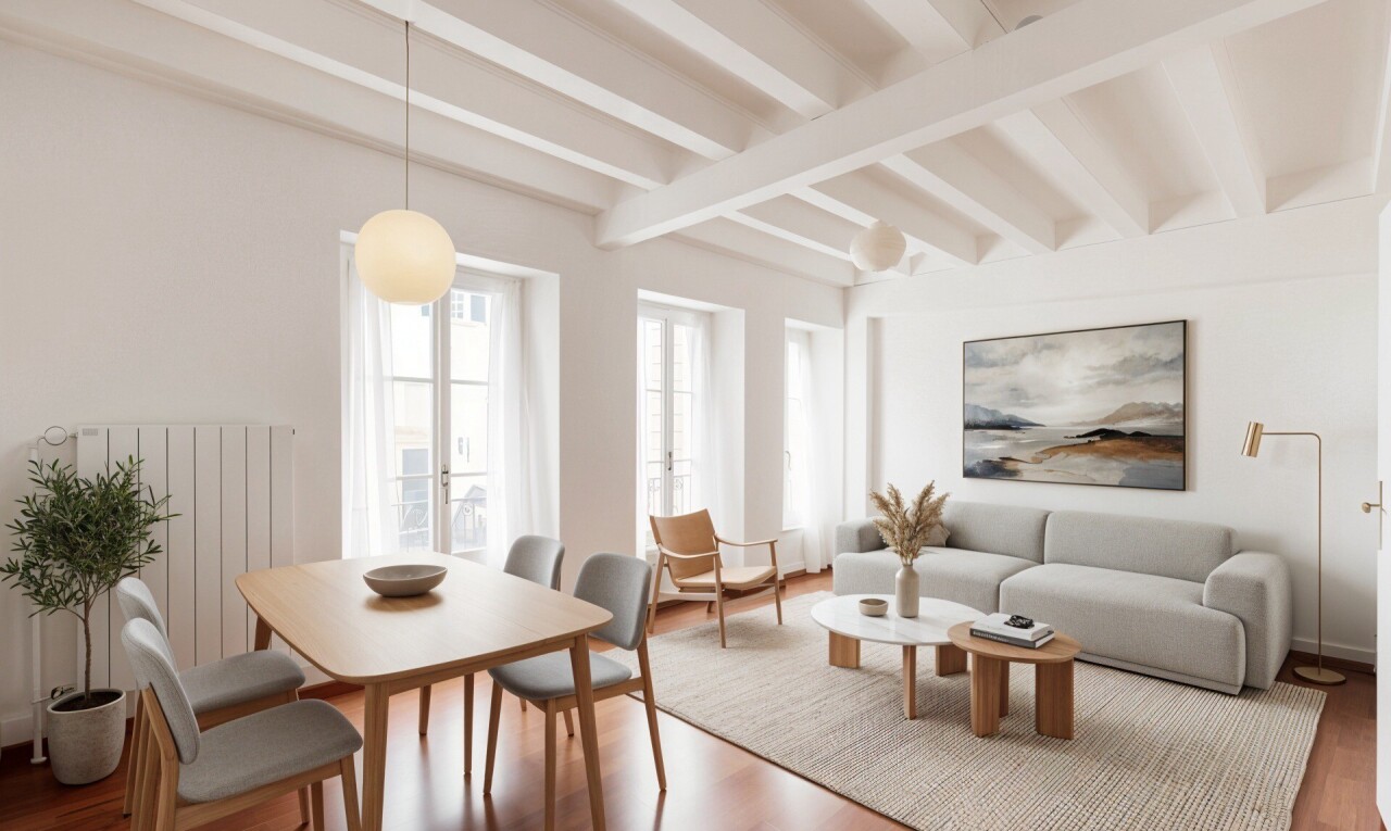 salon / salle à manger avec radiateur, inside property, wood finish floor, sol en finition bois, et natural light