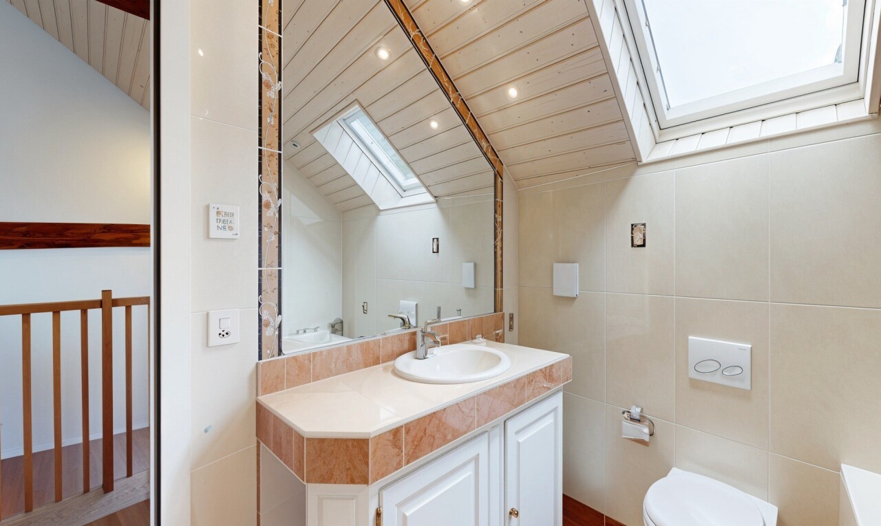 salle de bains avec puits de lumière, inside property, lavabo (ou coiffeuse selon le contexte), vaulted ceiling, et plafond voûté