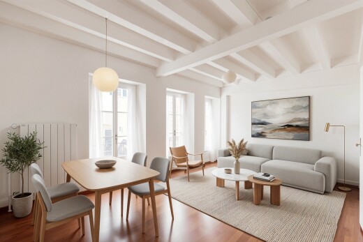 salon / salle à manger avec radiateur, inside property, wood finish floor, sol en finition bois, et natural light