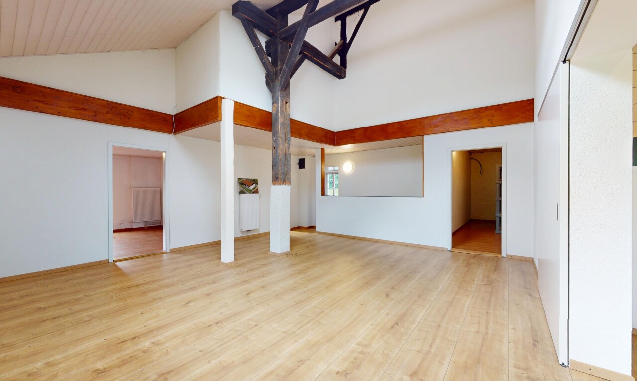 pièce vide avec plafond voûté, vaulted ceiling, plafond haut, high ceiling, et sol en finition bois