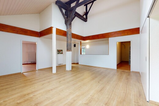 pièce vide avec plafond voûté, vaulted ceiling, plafond haut, high ceiling, et sol en finition bois