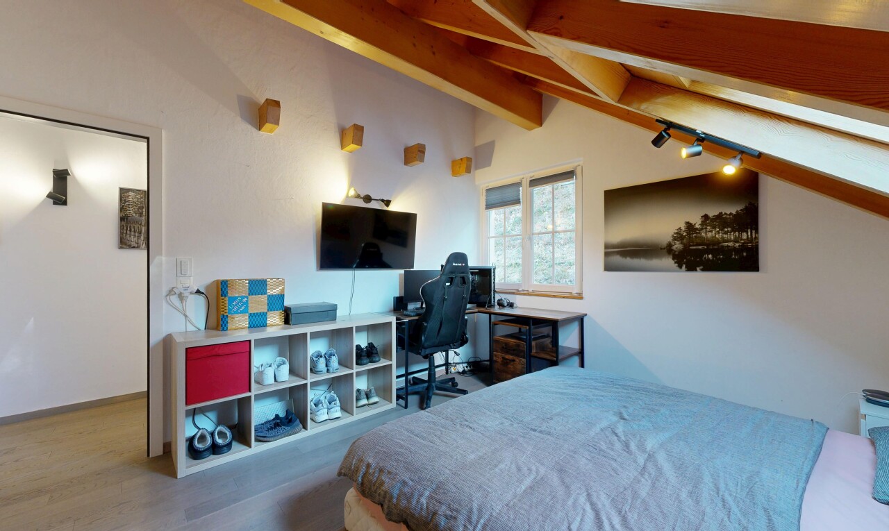 chambre avec télévision, plafond voûté, vaulted ceiling, lumière naturelle, et natural light