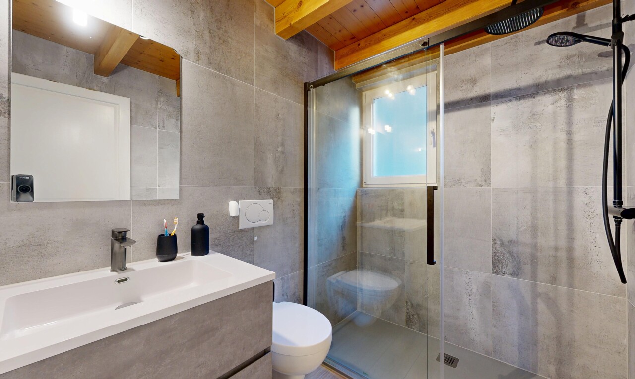salle de bains avec salle de bain complète, miroir, lavabo (ou coiffeuse selon le contexte), douche, et évier