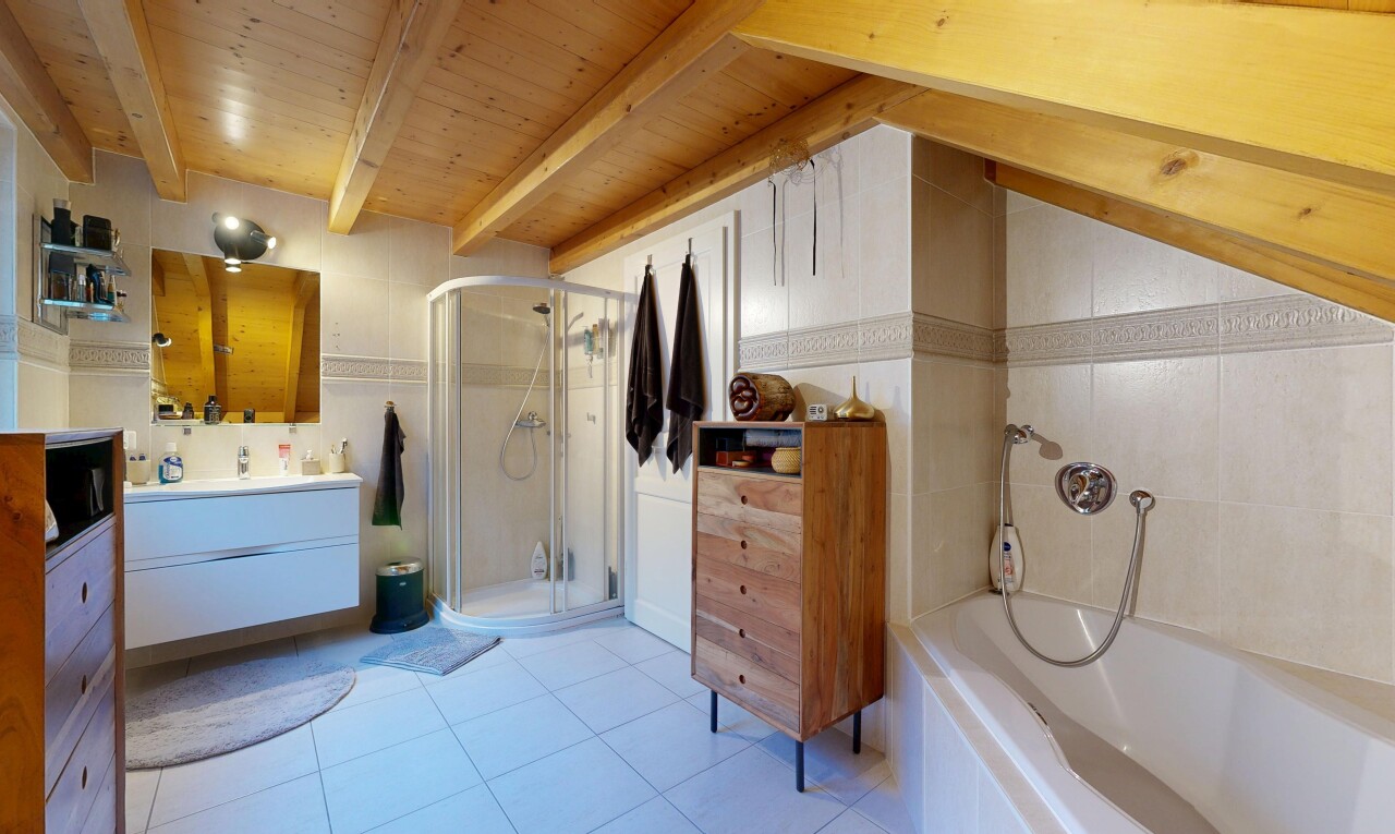 salle de bains avec douche, lavabo (ou coiffeuse selon le contexte), salle de bain complète, miroir, et tile floor