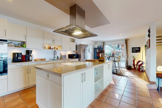 kitchen featuring open shelves, island range hood, white cabinets, a center island, and light tile patterned floors