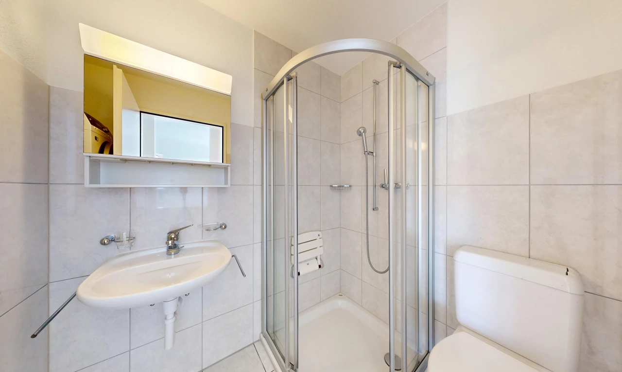 salle de bains avec mur en carrelage, tile wall, salle de bain complète, miroir, et douche
