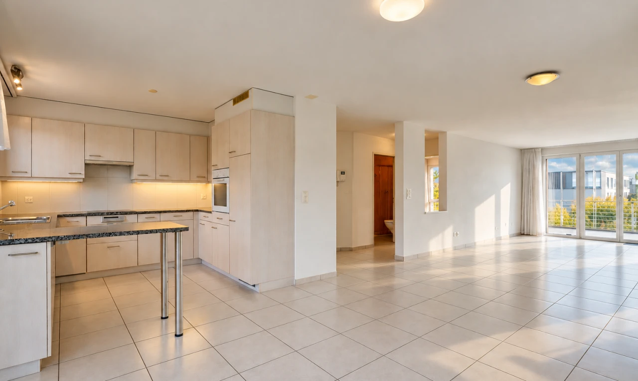 cuisine avec dark countertops, ouvert sur l'espace de vie, opens to living area, light floor, et cloison sèche
