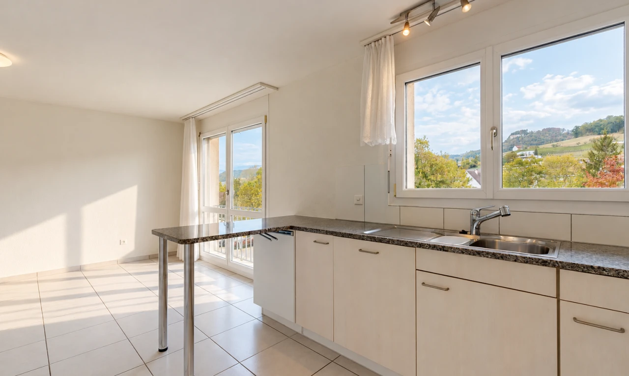 cuisine avec dark countertops, light floor, day time, cloison sèche, et drywall