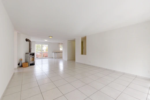 pièce vide avec poêle à bois, cloison sèche, drywall, light floor, et inside property