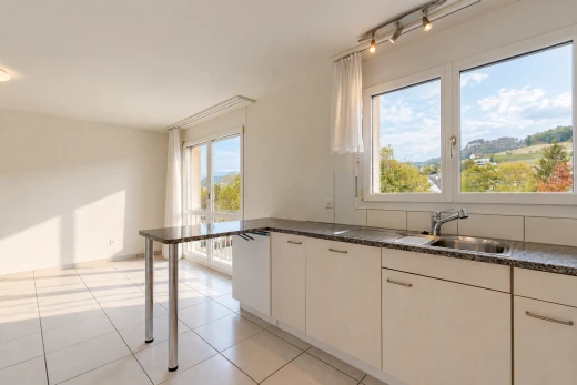 cuisine avec dark countertops, light floor, day time, cloison sèche, et drywall