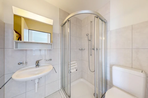 salle de bains avec mur en carrelage, tile wall, salle de bain complète, miroir, et douche