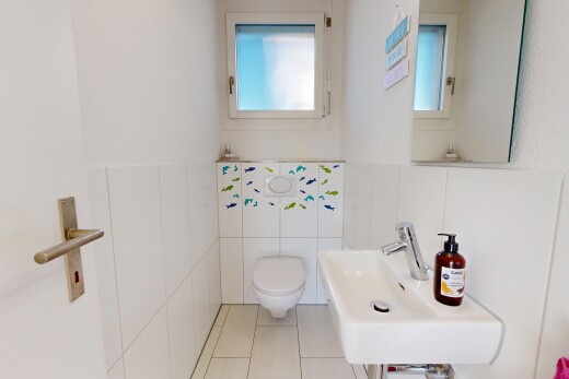 salle de bains avec évier, miroir, toilette, drywall, et cloison sèche