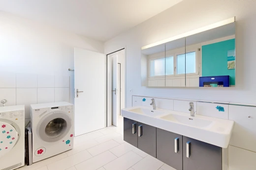 bad mit tumbler, doppelwaschtisch, komplettes badezimmer, light floor, und waschbecken