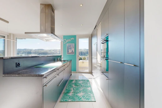 küche mit dunstabzugshaube, light floor, dark countertops, flat panel cabinets, und schränke mit flachen paneelen
