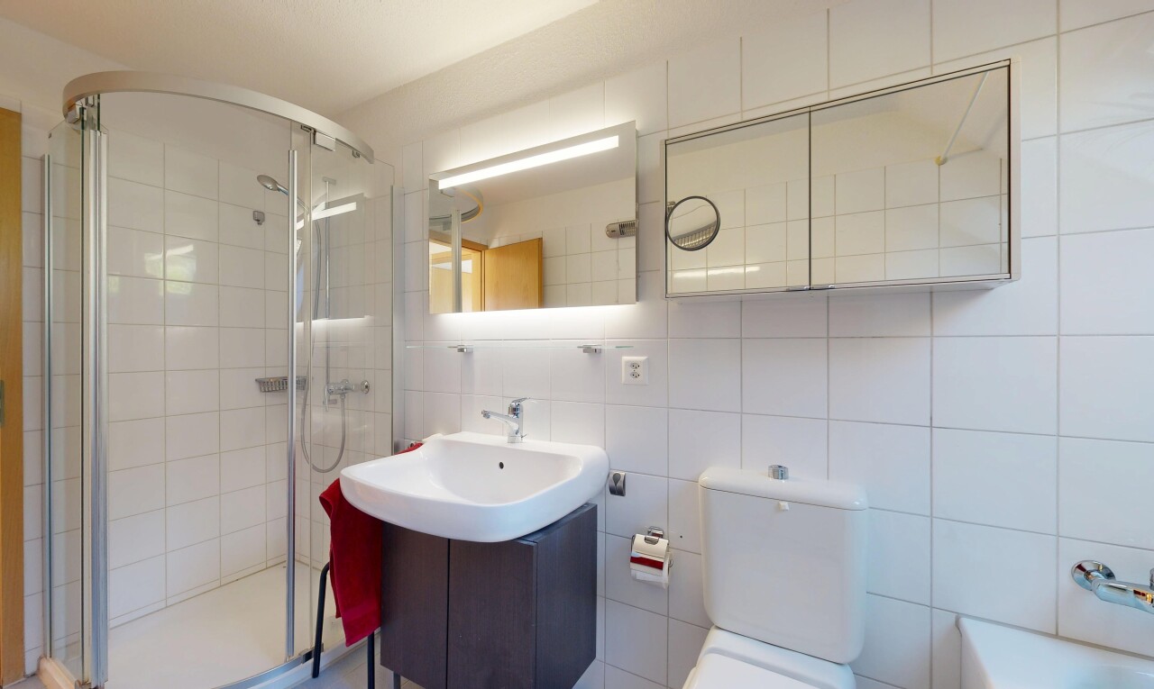 salle de bains avec salle de bain complète, douche, lavabo (ou coiffeuse selon le contexte), miroir, et inside property
