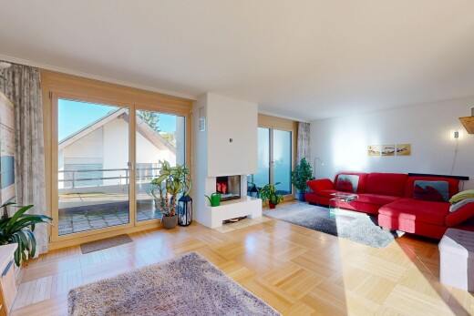 wohnzimmer mit parquet floor, inside property, natürliches licht, natural light, und kamin