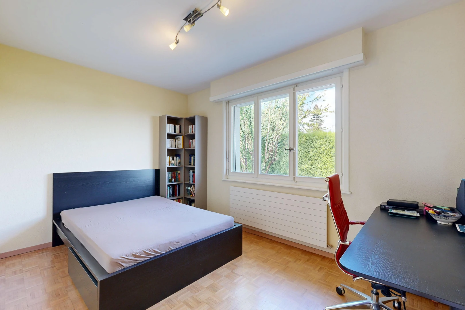 chambre avec éclairage sur rail, drywall, cloison sèche, radiateur, et wood finish floor