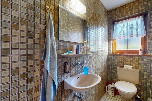 bad mit fliesenwand, tile wall, spiegel, natürliches licht, und natural light