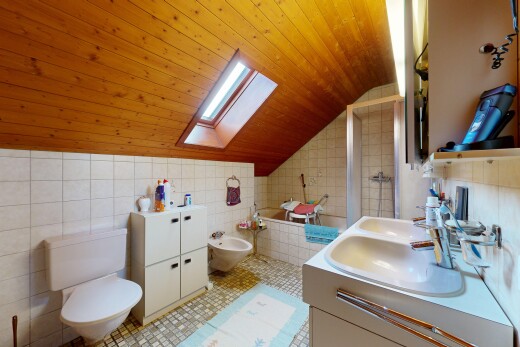 bad mit fliesenwand, tile wall, toilette, komplettes badezimmer, und dachfenster