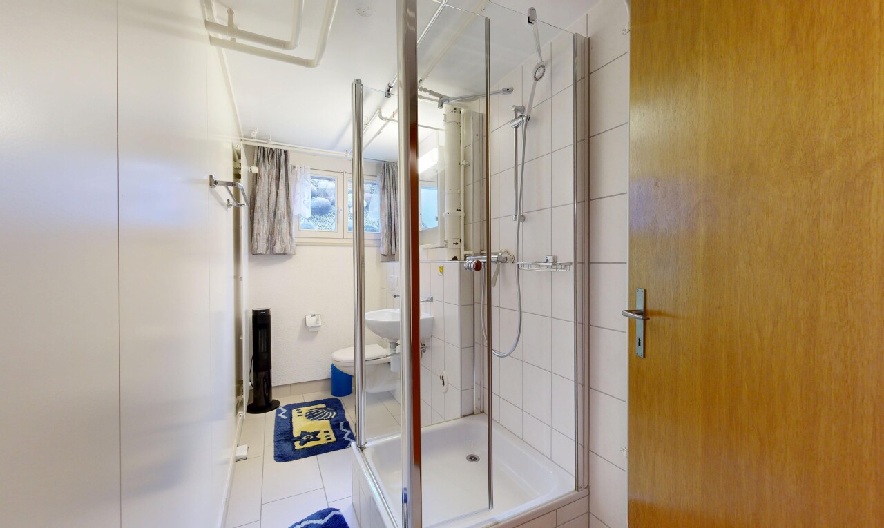 salle de bains avec douche, salle de bain complète, inside property, toilette, et lumière naturelle
