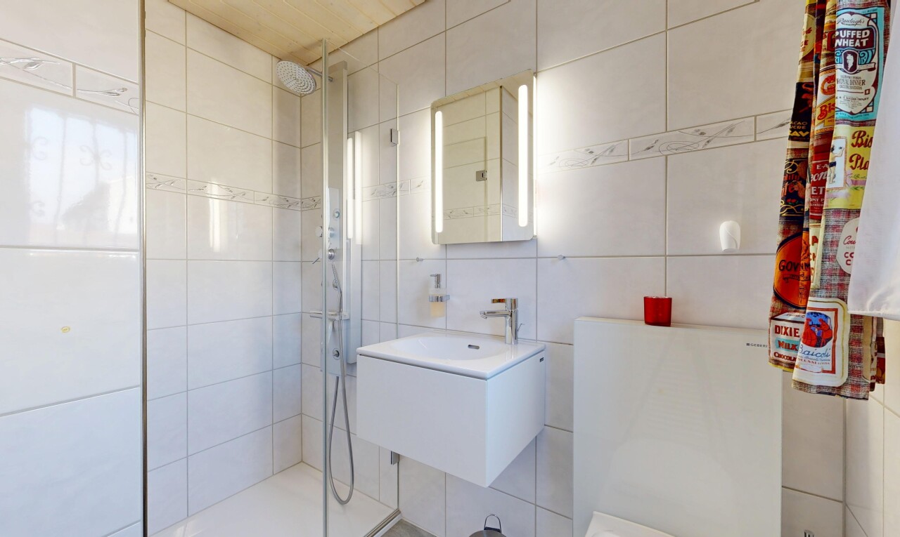 salle de bains avec miroir, salle de bain complète, mur en carrelage, tile wall, et douche