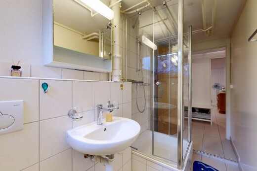 salle de bains avec salle de bain complète, miroir, douche, cloison sèche, et drywall