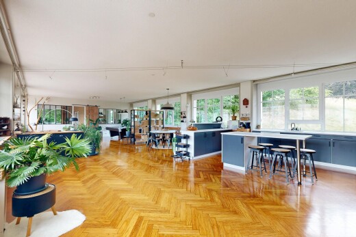 espace intérieur avec parquet floor, lumière naturelle, natural light, sol en finition bois, et wood finish floor