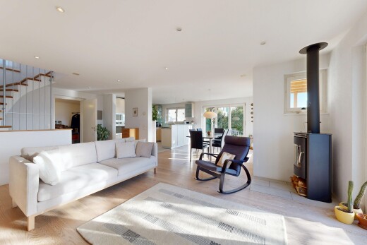 living room with a wood stove, wood finished floors, and recessed lighting