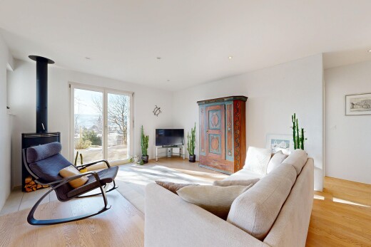 living room with a wood stove and light wood-style floors