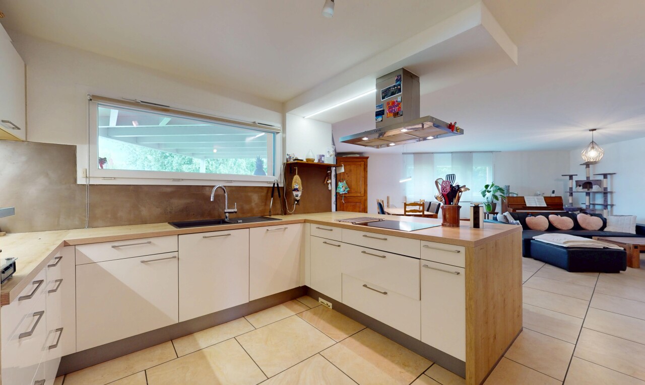 küche mit dunstabzugshaube, waschbecken, küchentheke, inside property, und öffnet sich zum wohnraum