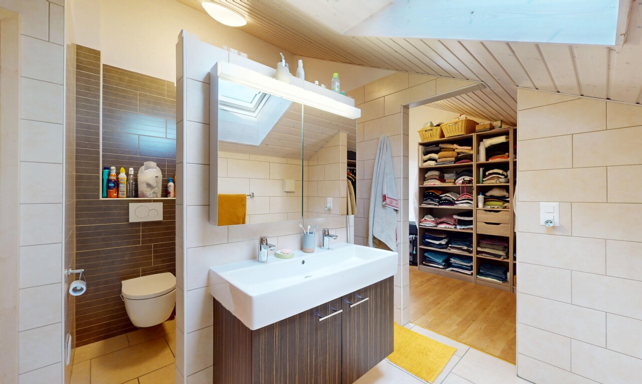 bad mit fliesenwand, tile wall, dachfenster, inside property, und toilette