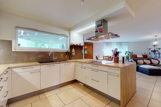 küche mit dunstabzugshaube, waschbecken, küchentheke, inside property, und öffnet sich zum wohnraum