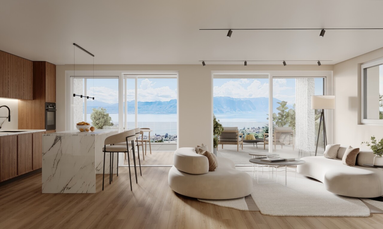 living / dining area with light wood-style flooring, healthy amount of natural light, and a water and mountain view