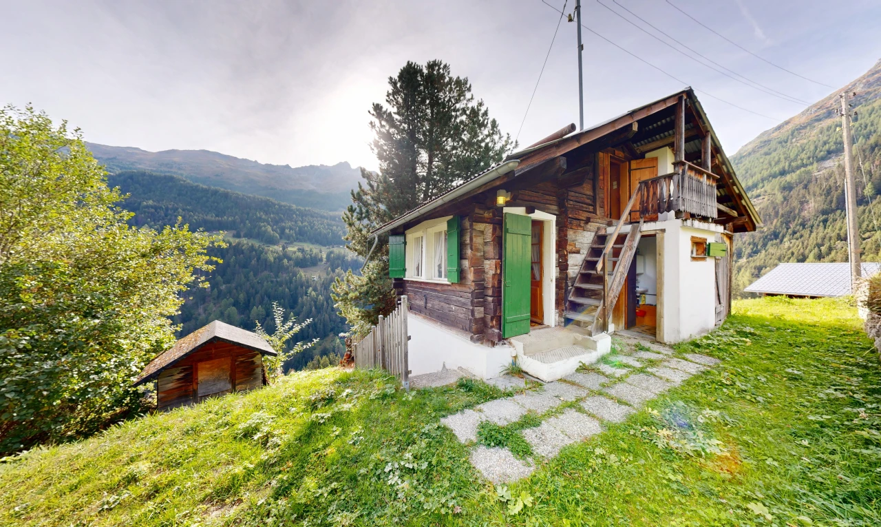façade avec bardage en rondins, vue sur la montagne, mountain view, bardage horizontal, et escaliers