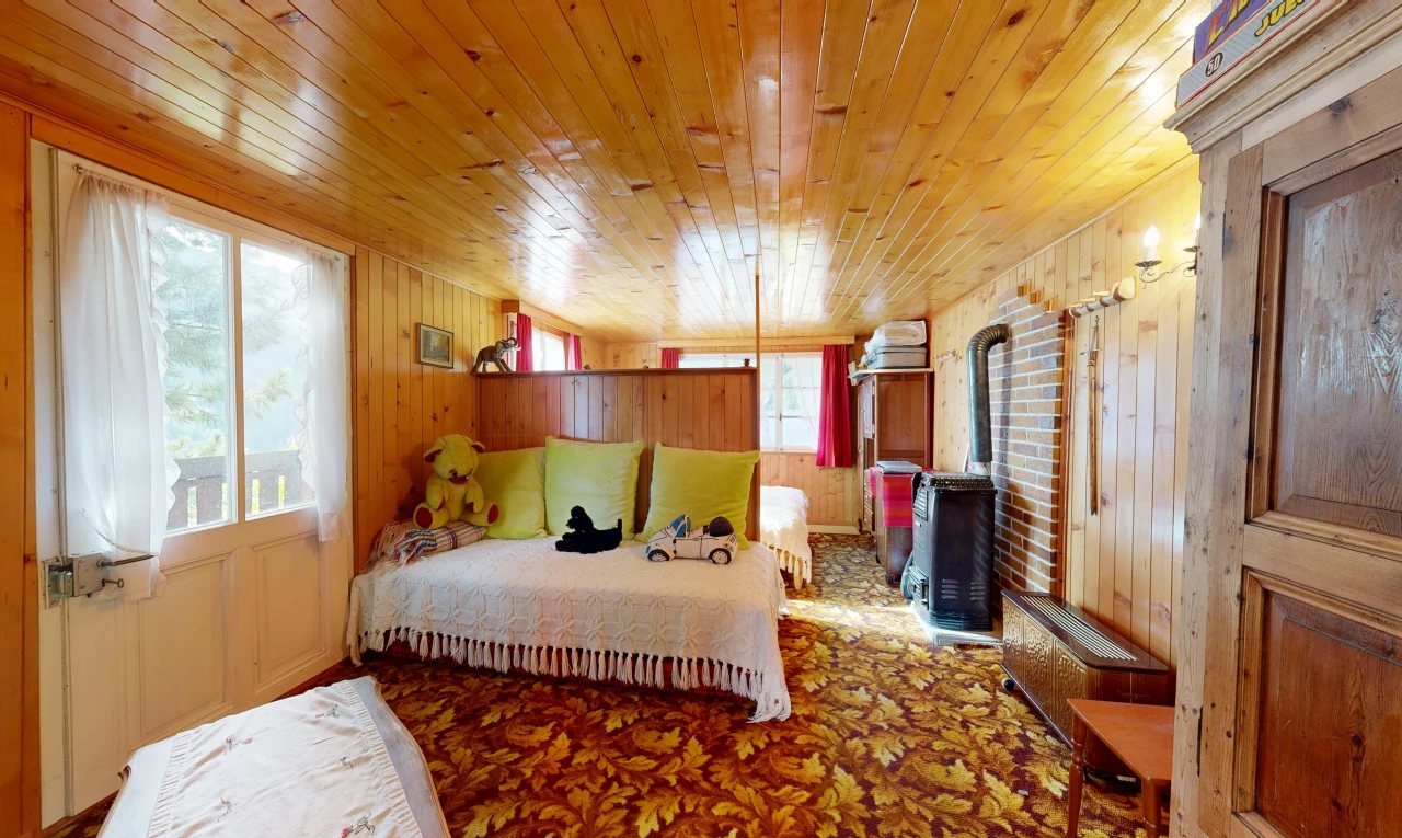 chambre avec poêle à bois, dated wood wall, carpet, moquette, et wood wall