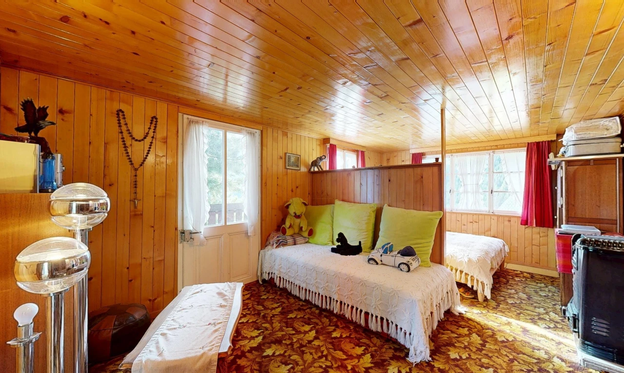 chambre avec dated wood wall, mur en bois, wood wall, moquette, et carpet