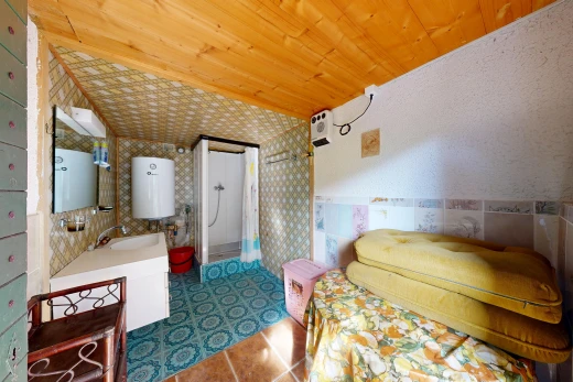 salle de bains avec douche, salle de bain complète, miroir, évier, et lavabo (ou coiffeuse selon le contexte)