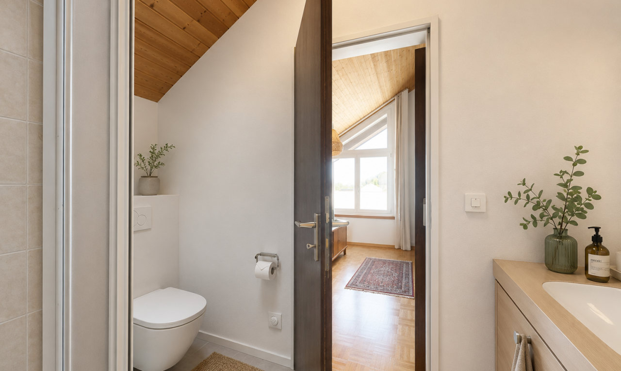 bad mit holzdecke, wood ceiling, natürliches licht, natural light, und schminktisch
