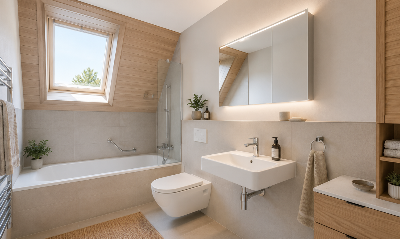 bad mit spiegel, komplettes badezimmer, toilette, kombiniertes bad / dusche, und inside property