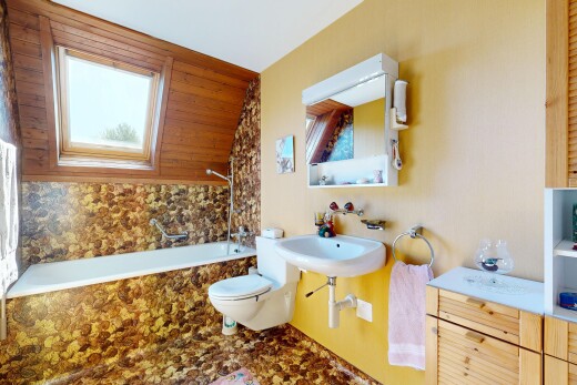 bad mit spiegel, komplettes badezimmer, toilette, kombiniertes bad / dusche, und inside property