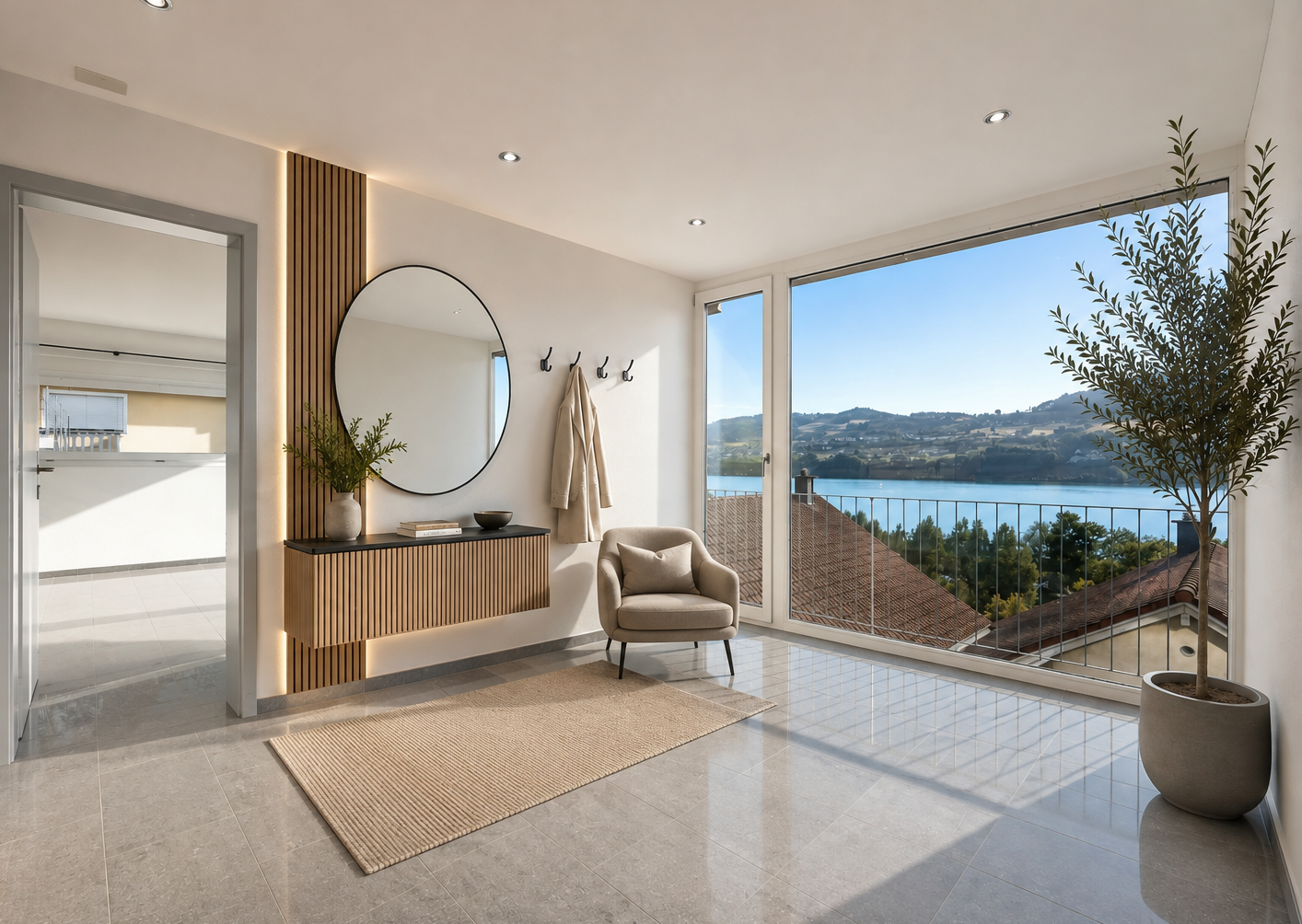 leerer raum mit view focus, seesicht, water view, einbauleuchten, und day time