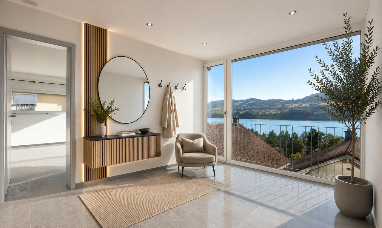 leerer raum mit view focus, seesicht, water view, einbauleuchten, und day time