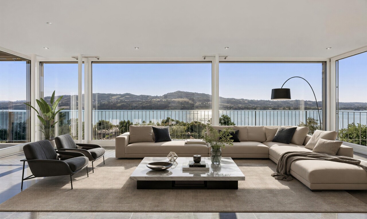 leerer raum mit floor ceiling windows, water view, seesicht, view focus, und day time