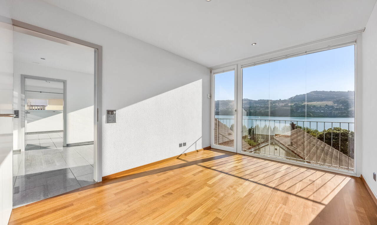 leerer raum mit holzfußboden, wood finish floor, view focus, seesicht, und water view