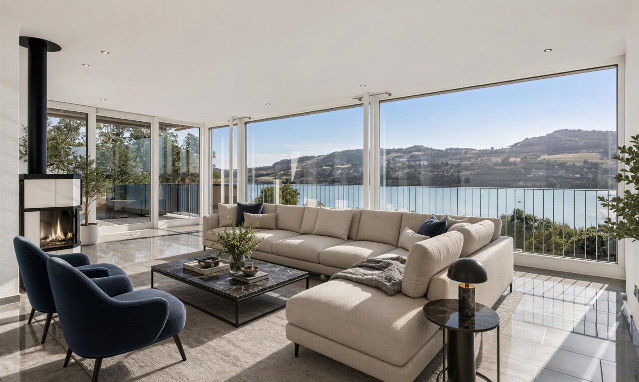 leerer raum mit floor ceiling windows, day time, view focus, seesicht, und water view