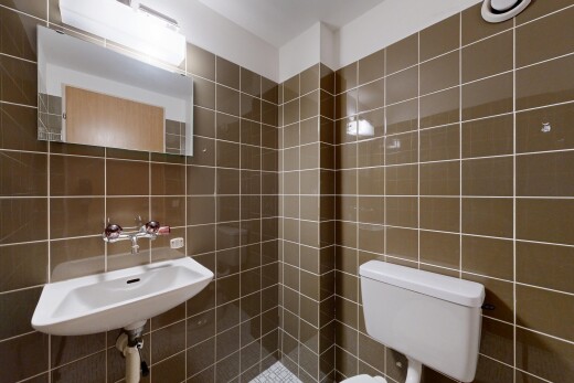salle de bains avec miroir, mur en carrelage, tile wall, toilette, et évier