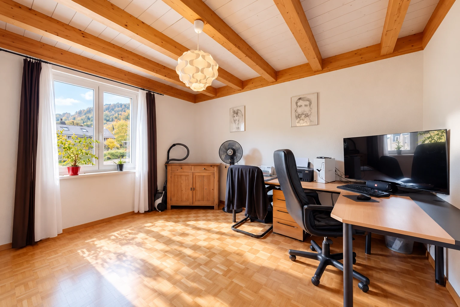 office area featuring beam ceiling and parquet flooring