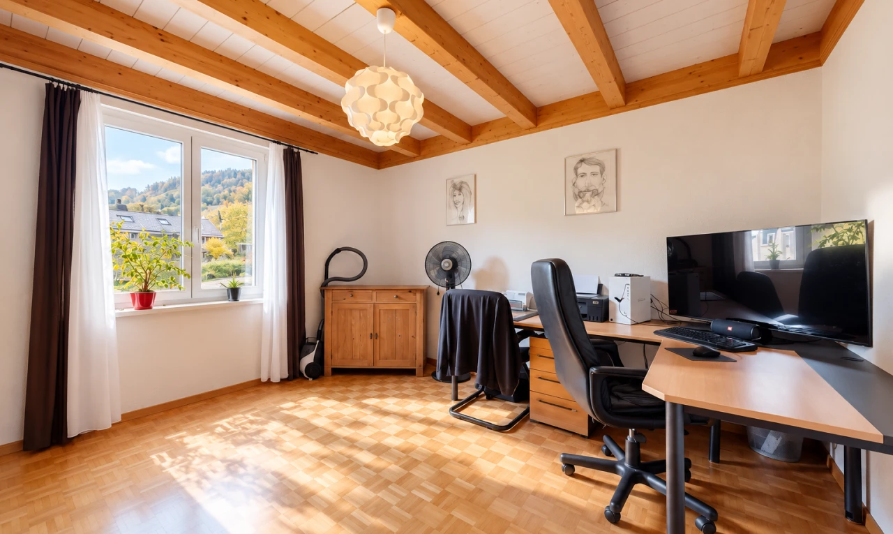 office area featuring beam ceiling and parquet flooring