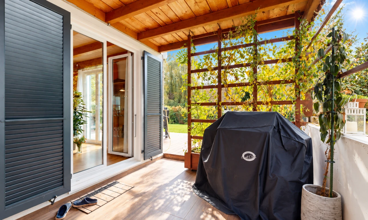 patio / terrace with a sunroom and a grill
